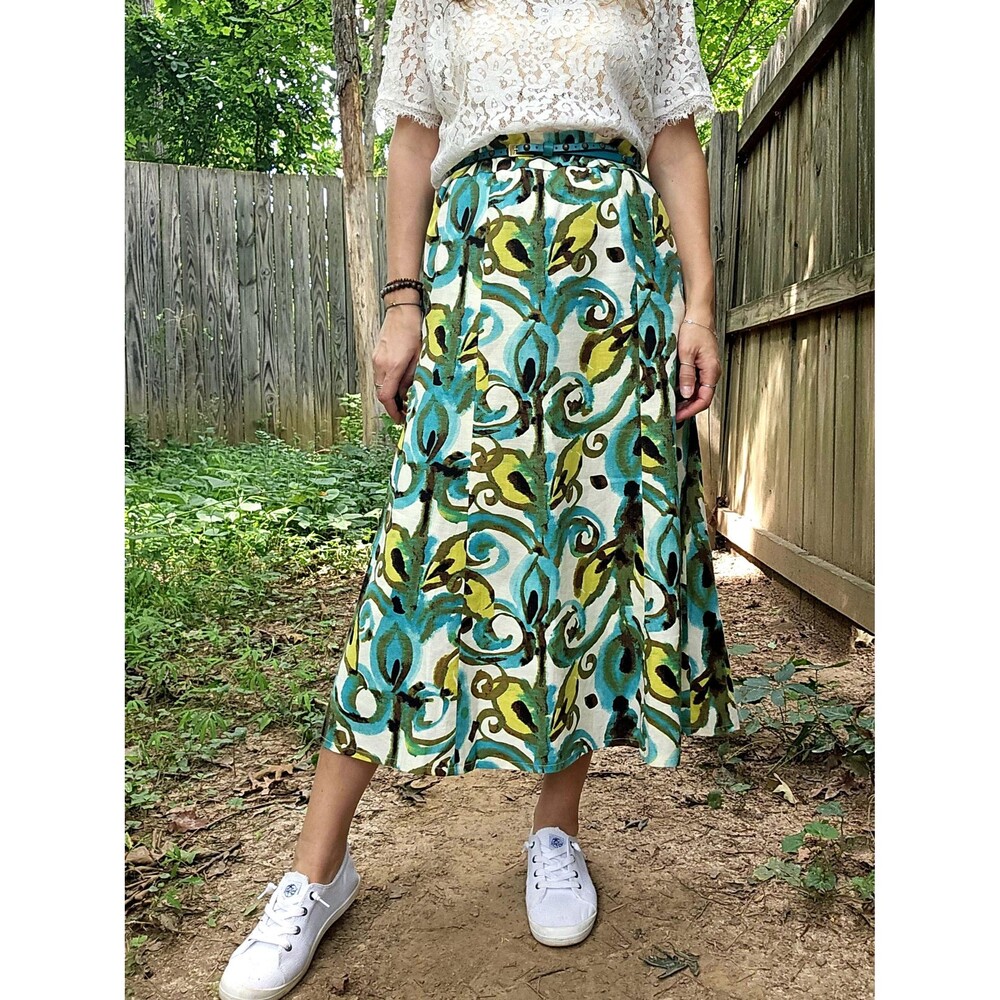 Vintage Linen Blend Watercolor Floral Midi Skirt 10 floral green blue